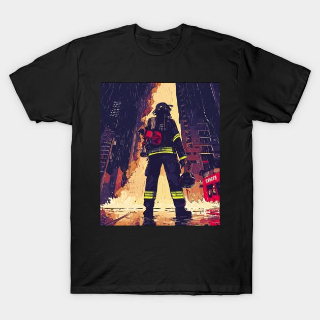 Fire - Anime firefighter fireman in a rainy city T-Shirt by TomFrontierArt